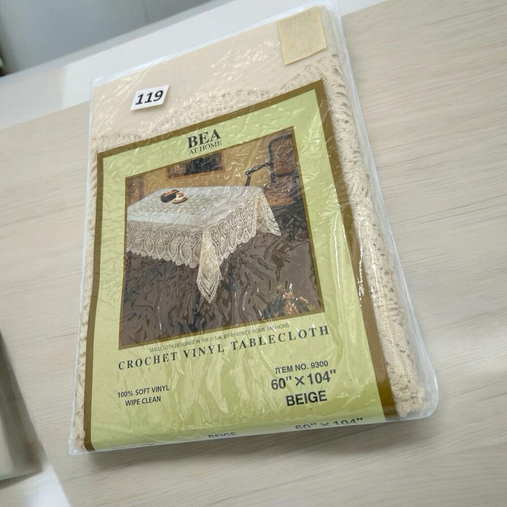 NOS Bea At Home Tablecloth 60" x 104" Beige Rectangle Crochet Lace Soft Vinyl